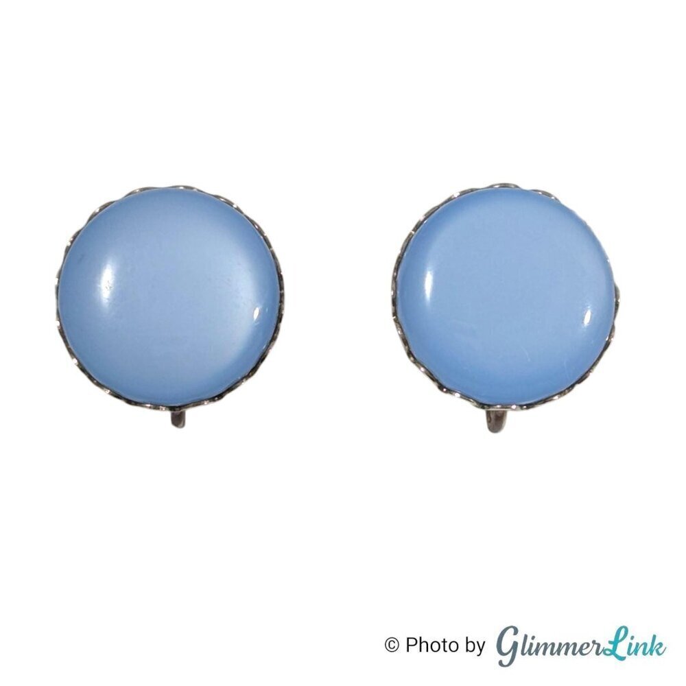 Vintage Blue Moonglow Plastic Cabochon Screw Back Silver Tone Earrings - Picture 4 of 7